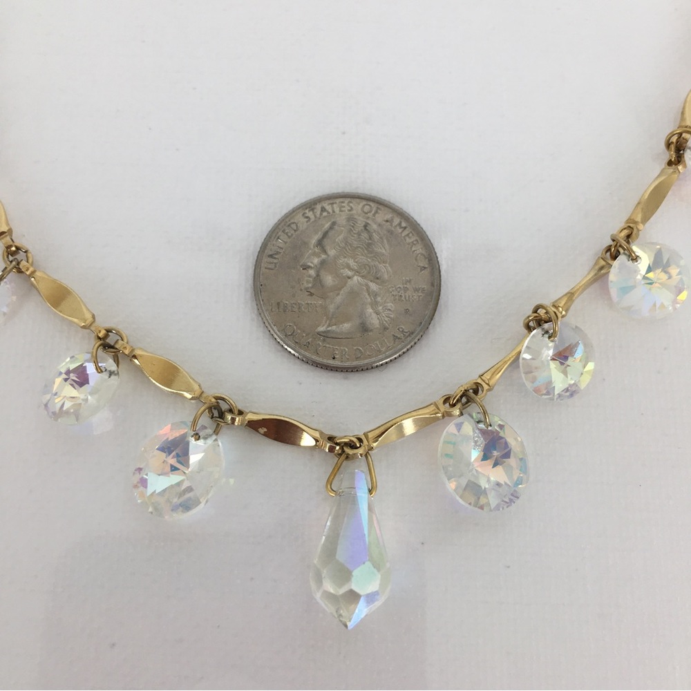 Vintage Sarah Coventry 1960s "Crystal Fire" AB Drop Gold Tone Necklace 16” - Picture 8 of 13